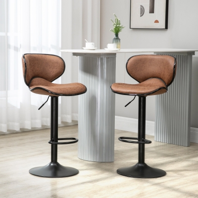 HOMCOM Vintage Set of 2 Microfiber Cloth Adjustable Bar Height Stools with Swivel Seat, Brown