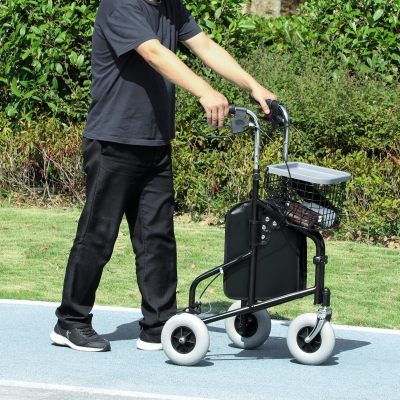HOMCOM Upright Walker Up Rollator, Rolling Walker with Wheels, Storage Bag, Tray, Adjustable Handle Height, Black