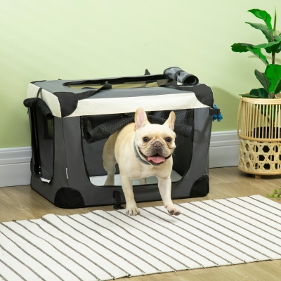 PawHut 24" Foldable Pet Carrier with Removable Mat, Breathable Mesh, Soft Side Pet Travel Crate for Cat & Miniature Dogs, Grey