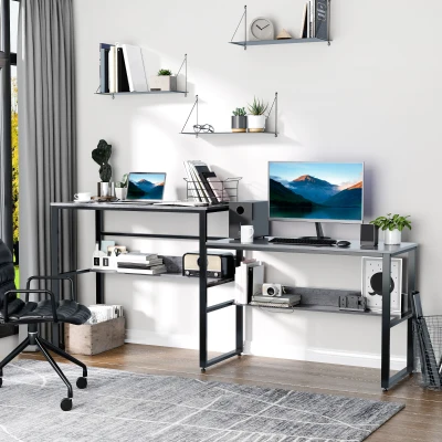 HOMCOM 86.5" Double Computer Desk with Open Shelves, Gray