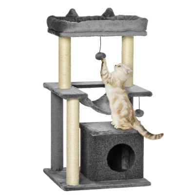 PawHut 39.25'' Cat Tree Tower Multi-Level Kitten House with Scratching Post Condo Hammock Bed Ball Toy - Gray