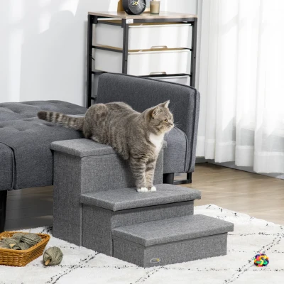 PawHut 3-Step Dog Stairs with Storage for Couch, Bed, Gray