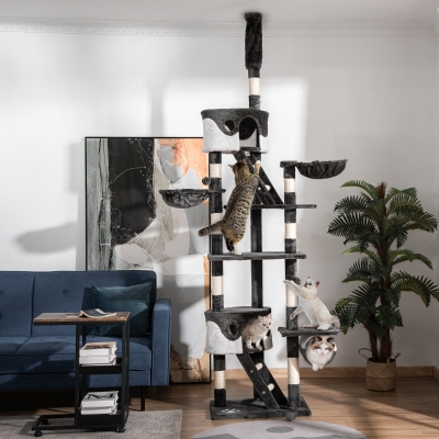 PawHut 94"-102" Floor to Ceiling Cat Tree, High Cat Condo Scratching Post Activity Center, Multi-Level Play House
