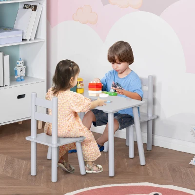 Qaba 3-Piece Kids Table & Chairs Set, Easy Clean, Gray
