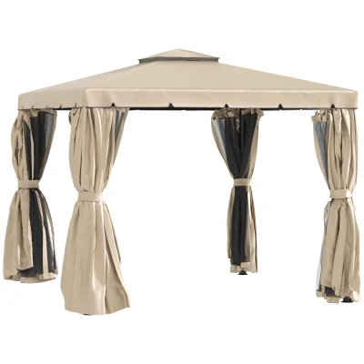 Outsunny Deck Gazebo with Beautiful Curtains, & Mesh Screen Drapes, 10ft x 10ft Double Canopy Polyester Shade for Backyard Garden, Khaki
