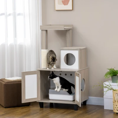 PawHut Cat Litter Box Enclosure with Cat Tree, Gray