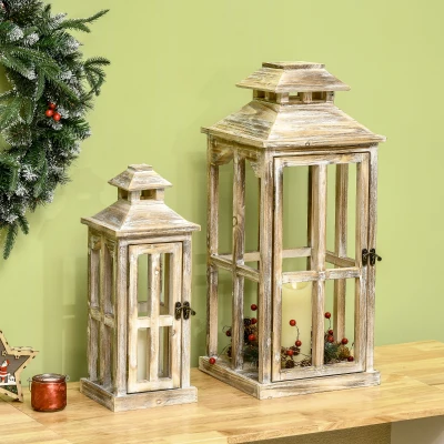 HOMCOM 2pc Rustic Wooden Lanterns for Indoor/Outdoor Décor, Natural