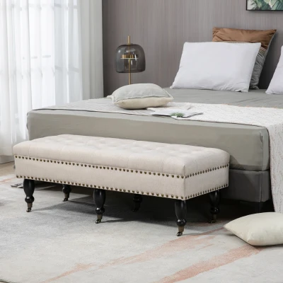 HOMCOM Mobile End of Bed Bench, Tufted Ottoman with Wheels, Beige