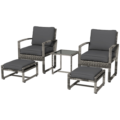 Outsunny 5 Pieces Patio Furniture Set with Armchair, Stool, Table, Cushions, Outdoor Wicker Conversation Sofa Set for Garden