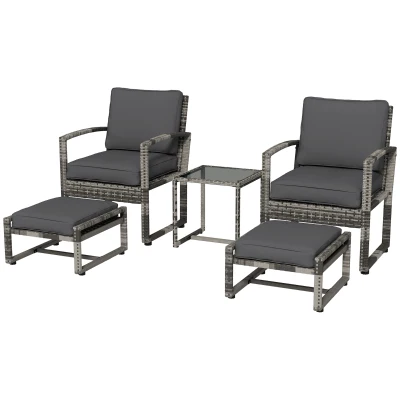 Outsunny 5 Pieces Patio Furniture Set with Armchair, Stool, Table, Cushions, Outdoor Wicker Conversation Sofa Set for Garden