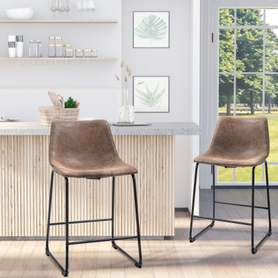 HOMCOM Counter Height Bar Stools Set of 2, Vintage PU Leather Bar Chairs, Kitchen Stools w/ Footrest for Home Bar, Brown