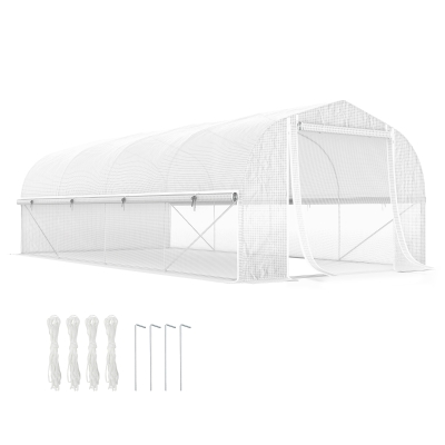 Outsunny 19.5' x 10' x 6.6' Tunnel Greenhouse Outdoor Green House with Roll-up Mesh Sidewalls, Mesh Door, Galvanized Steel, Wind Resistant, White