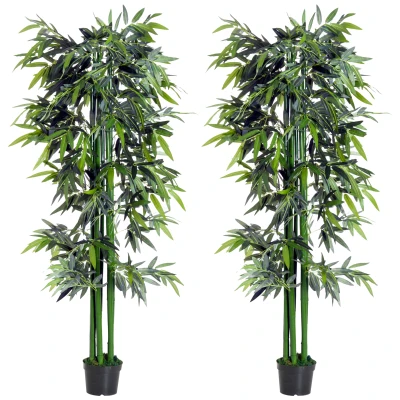 Outsunny Set of 2 6FT Artificial Bamboo Tree Fake Decorative Plant with Nursery Pot for Indoor Outdoor Décor