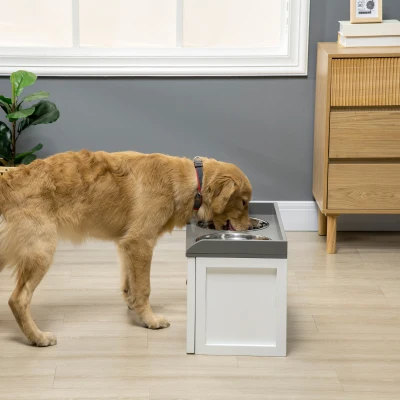 PawHut Elevated Dog Feeding Station, 2 Bowls with Storage, White