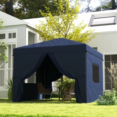 Outsunny 10' x 10' Pop Up Canopy Tent, Instant Sun Shelter, with Wheeled Bag and Mesh Windows, Height Adjustable, Dark Blue