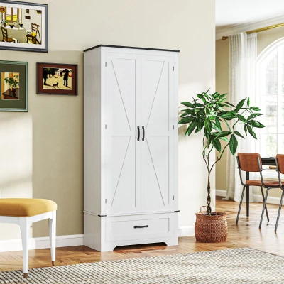 HOMCOM 72" Farmhouse Kitchen Pantry Cabinet, Distressed White