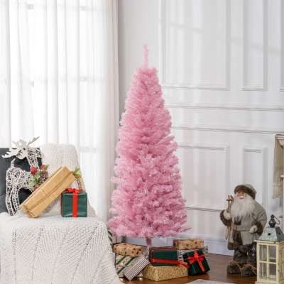 HOMCOM 5FT Pencil Christmas Tree, Artificial Christmas Tree with Automatic Open for Home Party, Pink