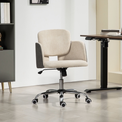 HOMCOM Small Desk Chair, Height Adjustable Fabric Office Chair with Swivel Wheels, Tilt Function, Computer Chair, Cream White