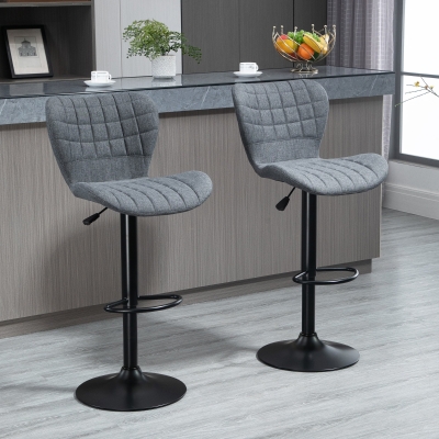 HOMCOM Bar Stools Set of 2, Adjustable Height Swivel Bar Chairs, Linen-feel Fabric Upholstered Kitchen Counter Stools with Wide Seat, Back and Footrest, Grey