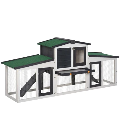 PawHut Large Rabbit Hutch with Double Runs, Wooden Bunny Cage Outdoor with Removable Tray, Ramps, Roof, 80" x 18" x 31.5", Gray
