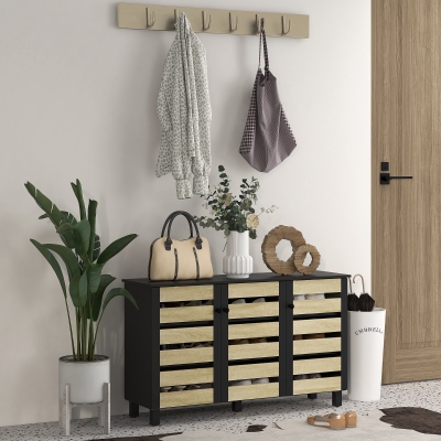 HOMCOM Shoe Cabinet with 3 Slatted Doors, 3-tier Shelving Rack Cabinet with Adjustable Shelves for 15 Pairs of Shoes, Black