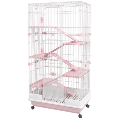 PawHut 32"L 6-Level Small Animal Cage with Universal Lockable Wheels, Pink