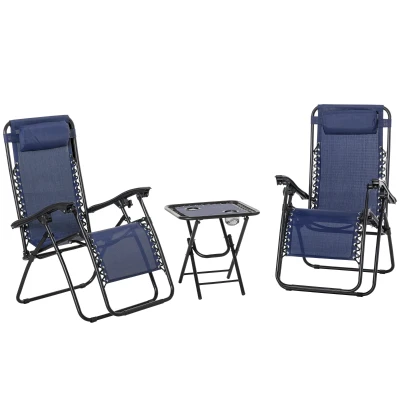 Outsunny Zero Gravity Chair Set of 2 Patio Chair with Side Table Cupholders and Pillows for Pool, Backyard, Lawn, Blue