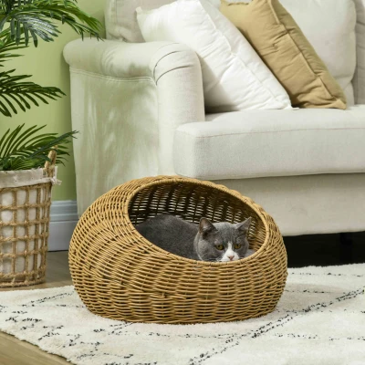 PawHut Rattan Cat Bed with Washable Cushion, Light Brown