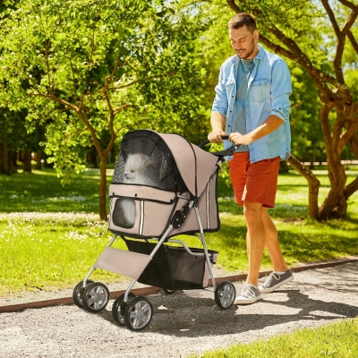 PawHut 4 Wheel Dog Pet Stroller Dog Cat Carrier Folding Sunshade Canopy with Brake, Safety Leash, Cup Holder, Brown