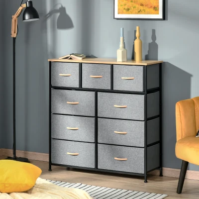 HOMCOM 9-Drawer Storage Chest, Steel Frame & Wood Top, Oak/Gray