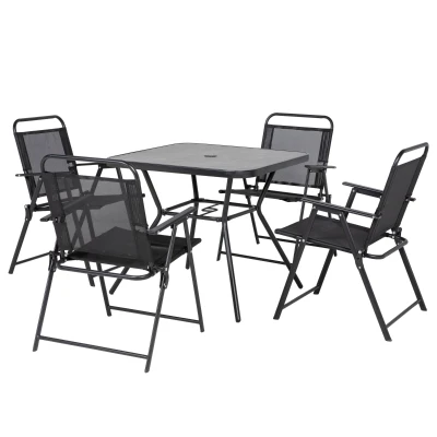 Outsunny 5-Piece Outdoor Dining Set with 4 Foldable Armchairs, Patio Furniture Sets with Umbrella Hole & Wood-plastic Composite Top Dining Table, Mesh Seat, Black