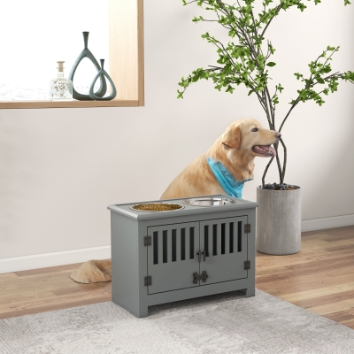 PawHut Raised Dog Bowls with 2 Stainless Bowls, Storage, for XL Dogs, Grey