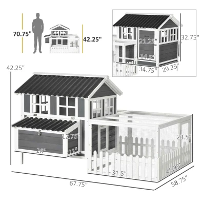 PawHut Wooden Chicken Coop with Run for 3-4 Chickens, 68" x 59" x 42"(m-3)