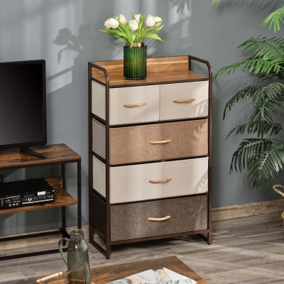 HOMCOM 5-Drawer Fabric Dresser Tower with Steel Frame, Maple Wood