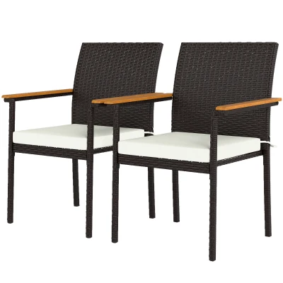 Outsunny Stackable Wicker Patio Chairs Set of 2 with Removable Cushion, Armrest for Garden, Porch, Yard, Cream White