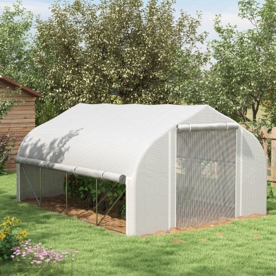 Outsunny 13 x 9.8ft Walk-in Polytunnel Greenhouse, Zipped Roll Up Sidewalls, Mesh Door, 8 Mesh Windows, Plant Labels and Gloves, Wind Resistance, White