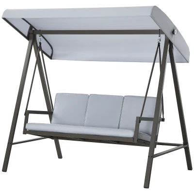 Outsunny 3 Seater Patio Swing Chair, Porch Swing with Adjustable Canopy and Removable Cushions, Outdoor Swing Seat, Light Grey