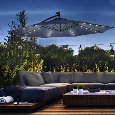 Outsunny 10ft Outdoor Cantilever Umbrella with Solar Lights Banana Umbrella with Adjustable Angle for Patio Backyard Navy Blue