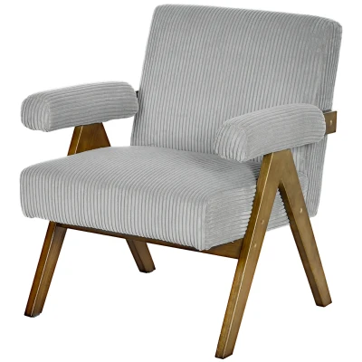 HOMCOM Corduroy Accent Chair Armchair with Wide Seat and Soft Padded Armrests for Reading, Bedroom, Light Grey