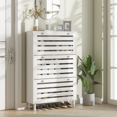 HOMCOM Narrow Shoe Storage Cabinet, 3 Flip Drawers, Adjustable Shelves, 24 Pairs Capacity, White