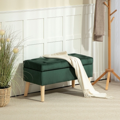 HOMCOM Storage Ottoman with Lid, Velvet Upholstered Storage Bench with Wood Legs for Living Room, Dark Green