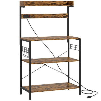 HOMCOM Kitchen Baker's Rack with Power Outlet, Coffee Bar Station with Adjustable Shelves and Hooks, Rustic Brown