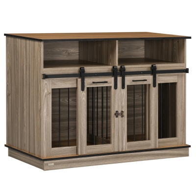 PawHut Double Dog Crate Furniture, Oak for Large/Small Dogs