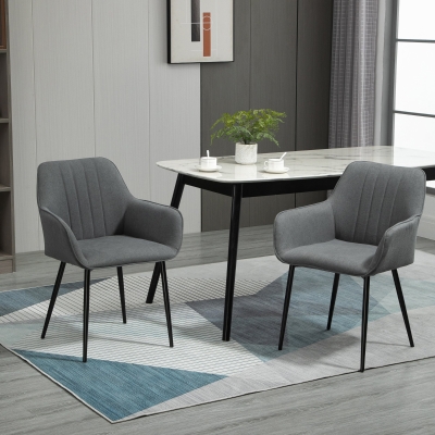 HOMCOM Dining Chairs Set of 2, Linen Upholstery Accent Chair with Back, Armrest, Metal Legs, Dark Grey