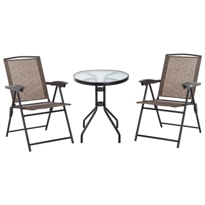 Outsunny Folding Outdoor Bistro Set, Patio Table and Chairs with Reclining Backrest and Round Dining Table, Brown