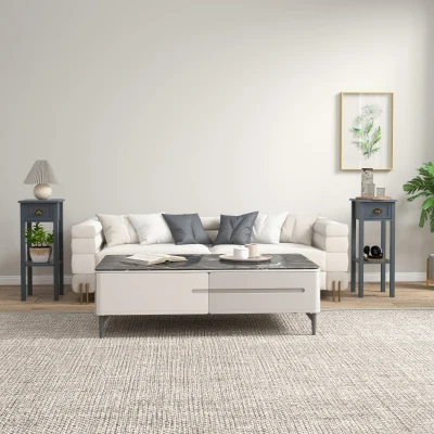 HOMCOM 2-Tier Side Tables Set with Drawer & Shelf, Gray