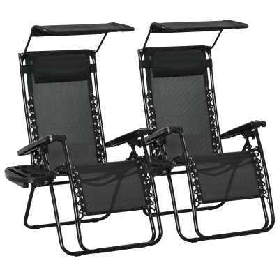 Outsunny 2 Piece Foldable Lounge Chair with Canopy Shade, Outdoor Zero Gravity Chair w/ Side Tray & Cup Holder, Reclining Lounger w/ Breathable Mesh Fabric Seat, Pillow, Black