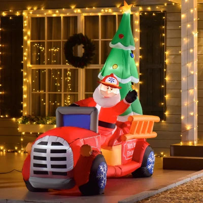 HOMCOM 7.5ft Inflatable Santa Fire Truck Decoration with LED