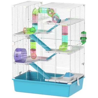 PawHut 6 Tier Hamster Cage w/ Tunnels and Tubes, Hut, Wheel, Food Dish, Water Bottle, Ramps, for Dwarf & Gerbil, Light Blue
