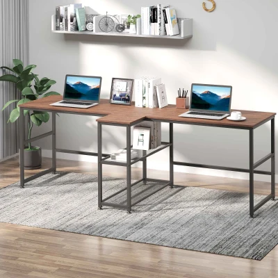 HOMCOM 83" Double Desk Workstation with Storage Shelves, Dark Walnut